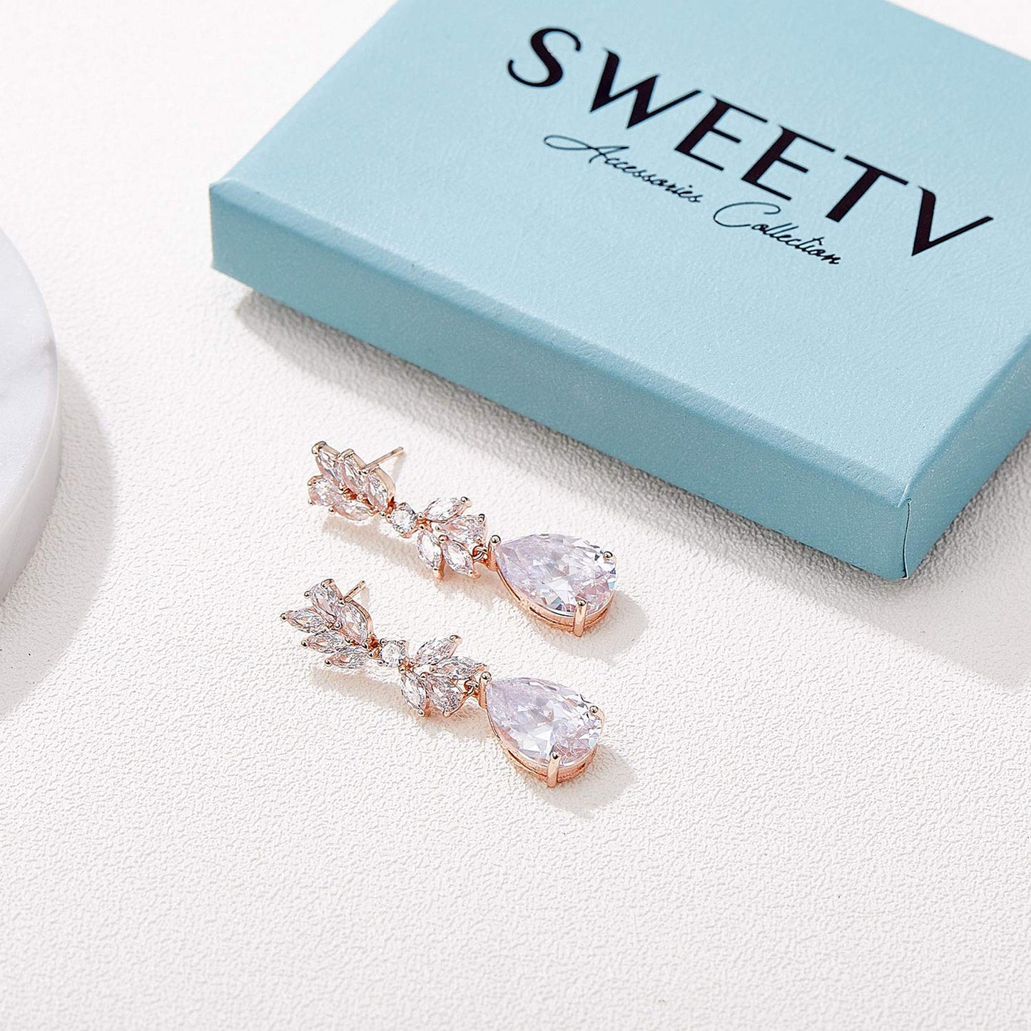 SWEETV Rose Gold Plated Marquise Wedding Earrings for Brides, Bridesmaids, Teardrop Crystal Cubic Zirconia Bridal Drop Earrings for Women Prom