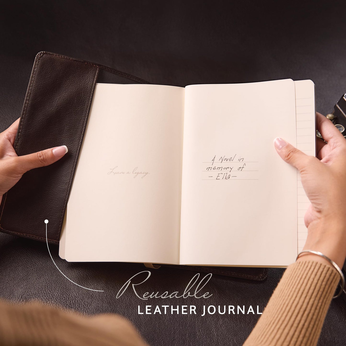 Leatherpress Refillable Journal, Fedora Black Full-Grain Leather Notebook Cover with Insert, 160 Lined Pages, 120 gsm Acid-free Paper, Blank, Lined, Dotted Refills Available, 8” x 5.75” Insert Size