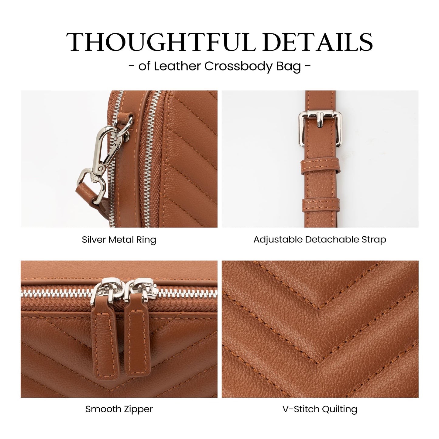 befen Quilted Genuine Leather Crossbody Bags for Women, Purses with Built in RFID Wallet, Woman Camera Shoulder Bag Handbags, Brown Crossbody Purses with Adjustable Strap