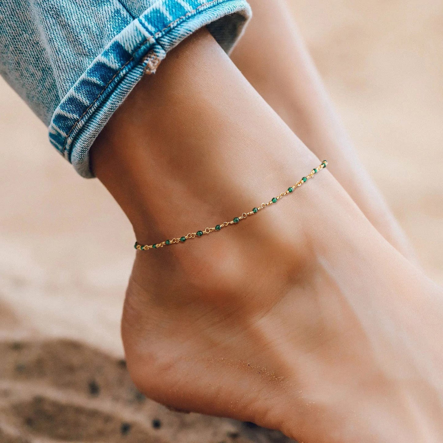 MTMY Gold Anklets for Women 14K Gold Plated Tiny Bead Anklet Green Cubic Zirconia Tassel Foot Chain Dainty Adjustable Cute Anklets Summer Beach Boho Jewelry Gift for women (crystal-green)