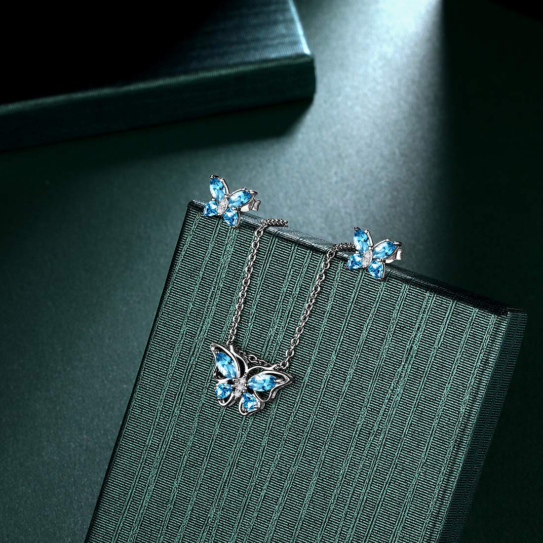 Hipunk Butterfly Blue Jewelry Sets Birthstone Women 925 Sterling Silver March-Auqamarine Birth Stone Animal Butterflies Jewelry Sets/Earring Set Crystal Birthday Jewelry SS0001M