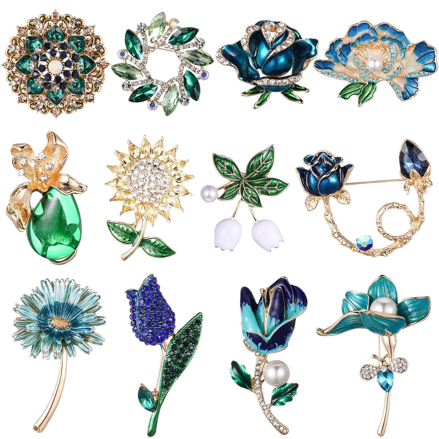 Junkin 12 Pcs Women Brooches Bulk Set Rhinestone Pin Crystal Vintage Brooch Retro Pin Summer Wedding Gifts for Women Girls(Flower)