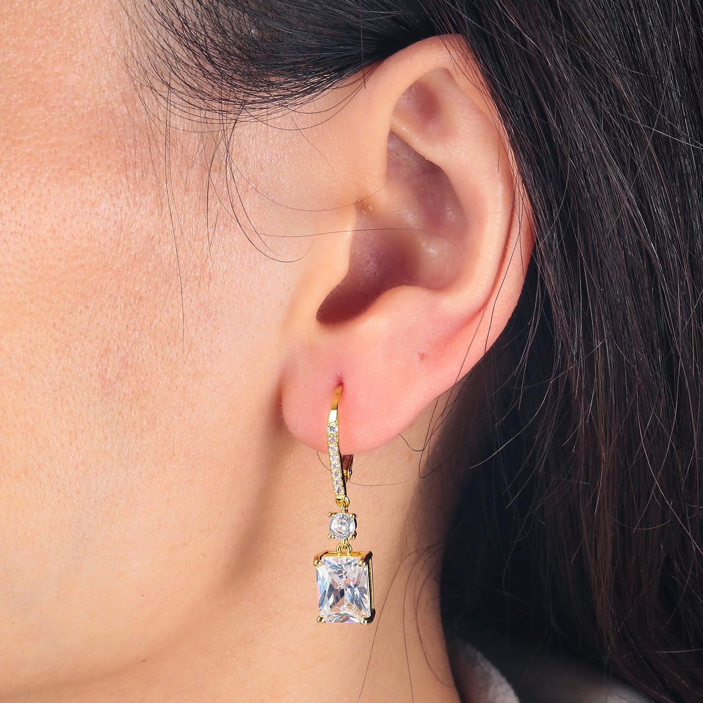 CiNily Leverback Earrings for Women Rectangular-cut Drop Dangle Earrings Hypoallergenic, 14K Gold Plated White Cubic Zircon Earrings Diamond Dangle Earrings Jewelry Wedding