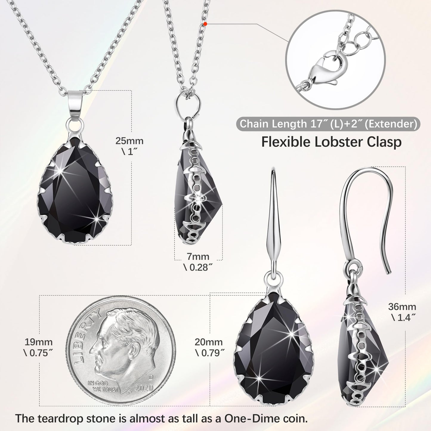 Linawe Gothic Black Crystal Necklace, Silver Jewelry Sets for Women, Imitation Diamond Pendant Drop Dangle Earrings, Rhinestone Boho Wedding Jewelry Cubic Zirconia Birthstone