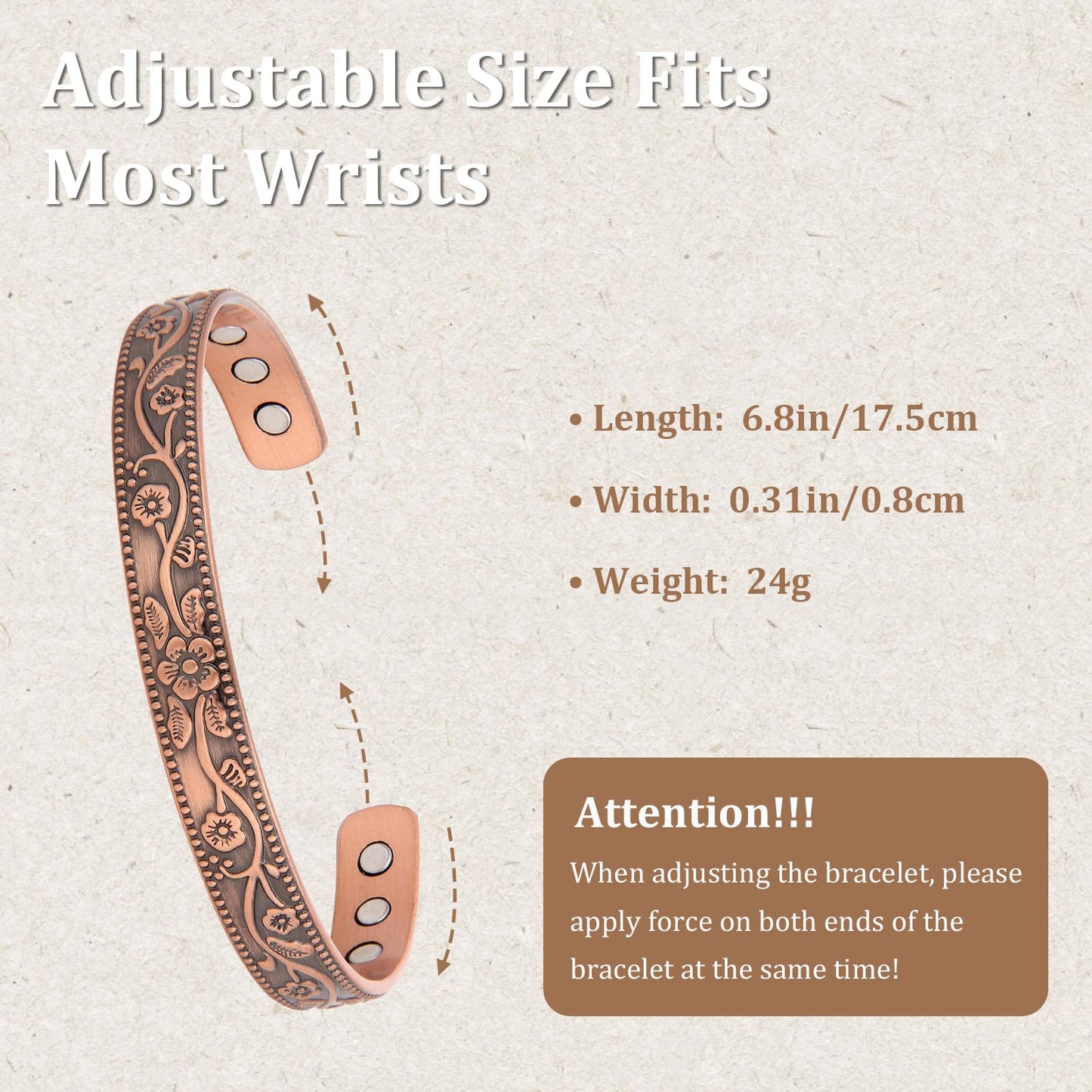 MagEnergy Copper Bracelets and Lymphatic Drainage Rings for Women, 99.9% Pure Copper Vintage Flower Magnetic Bangle with 3500 Gauss Magnets,Adjustable Cuff Jewelry Box