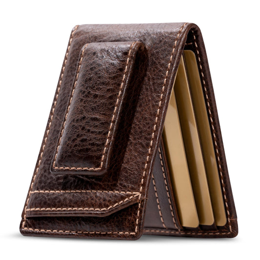 House of Jack Co. Ivor Men's Bifold Money Clip Wallet, Super Strong Magnetic Clip Holds 15+ Bills, Full Grain Leather Slim Front Pocket Wallet, 10 Card Holder, Gift for Men, Brown