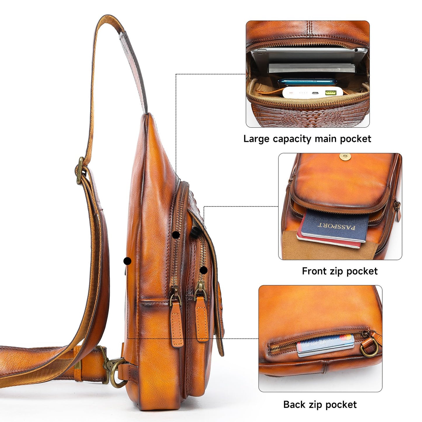 NIUCUNZH Genuine Leather Sling Bag Crocodile Flap Crossbody Purse Shoulder Bag for Travel Everyday Carry Brown