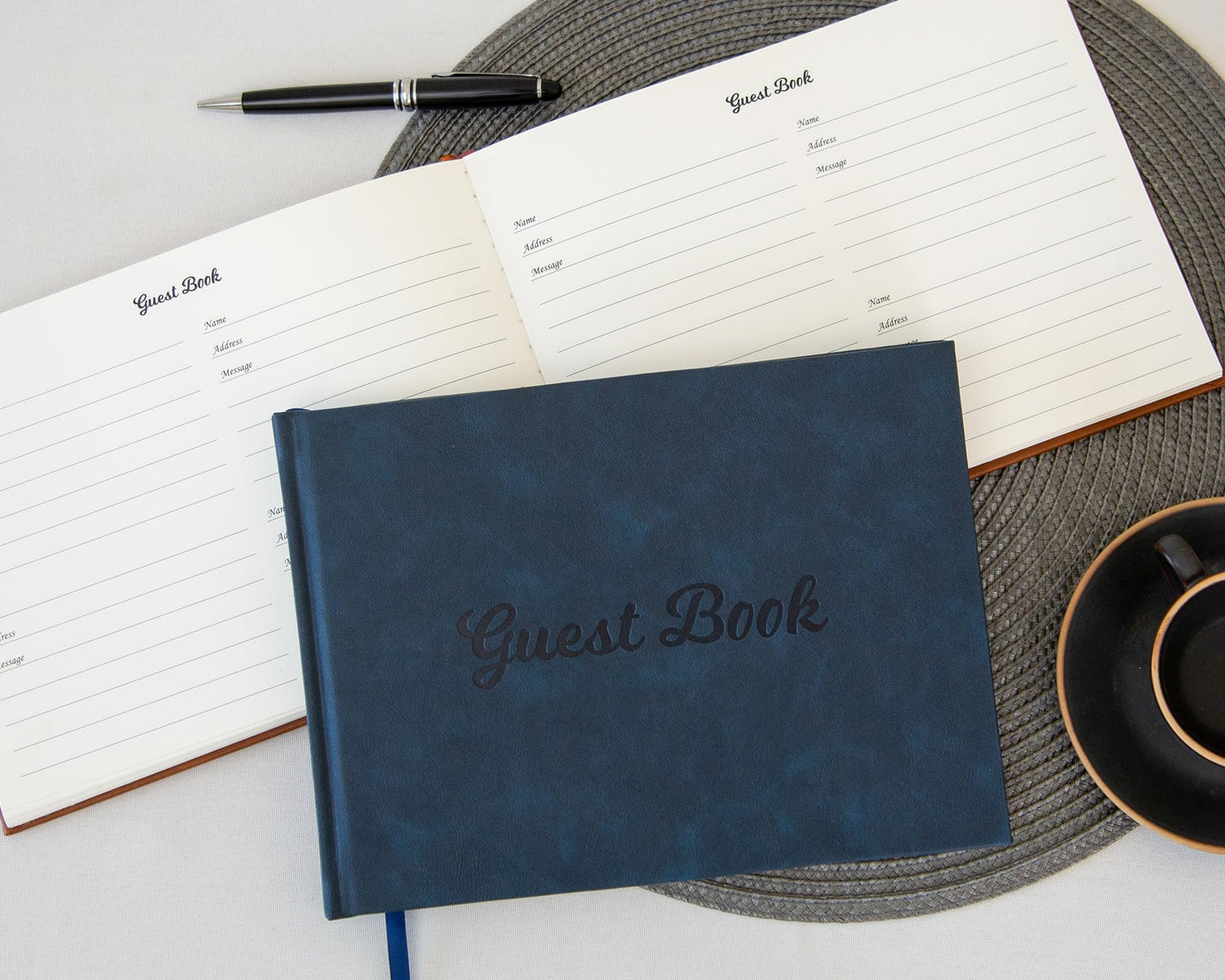 Modern Album Designs Navy PU Leather Guest Book - 9.5 x 7 Embossed Guestbook with Name Address Message Lines for Wedding Funeral Retirement Party, 140 GSM Paper, 120 Pages