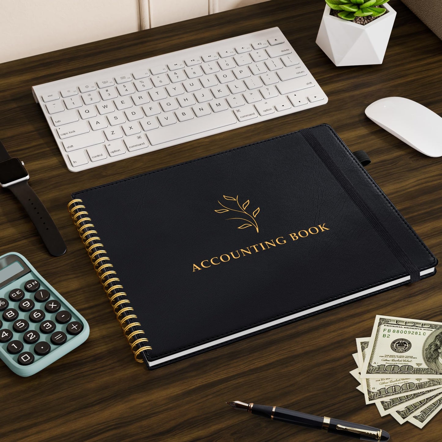 Plastic Cover Accounting Ledger Book Bunded with PU Leather Cover Accounting Ledger Book, Dark Blue & Black