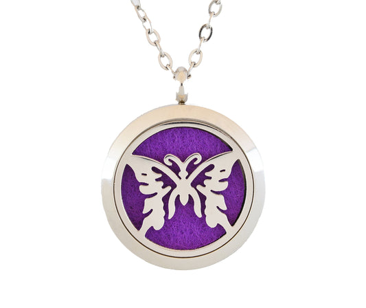 Aromatherapy Essential Oil Diffuser Stainless Steel 30MM Silver Magnetic Locket Pendant with Chain Necklace and Colored Refill Pads & Diffuser Bracelet All in a Velvet Bag (butterfly2)