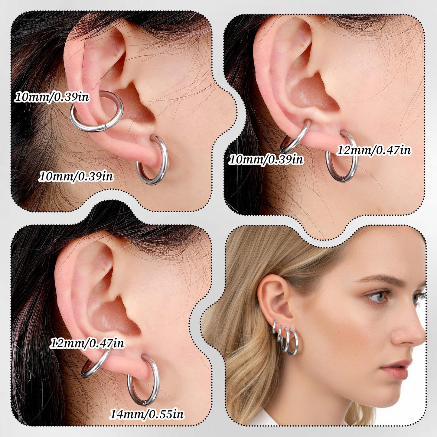 DOPENSPI 10PCS Clip On Earrings, Non Piercing Fake Earring Stainless Steel Clip On Hoop Earrings for Women Men 8mm 10mm 12mm 14mm 16mm(Silver)