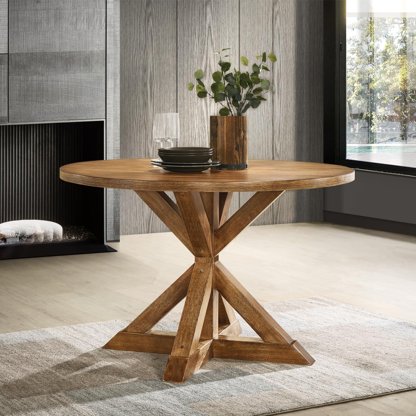 Roundhill Furniture Windvale Cross-Buck Wood 5-Piece Dining Set, Brown