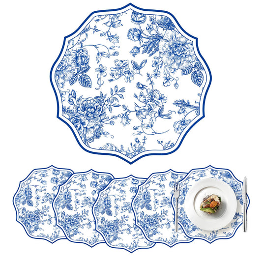 Blue Floral Faux Leather Placemats Set of 6 Round Scalloped Chinoiserie Placemats 13 Inch Waterproof Flower Table Mats Heat Resistant for Dinner Table Setting Wedding Bridal Shower Party Decor