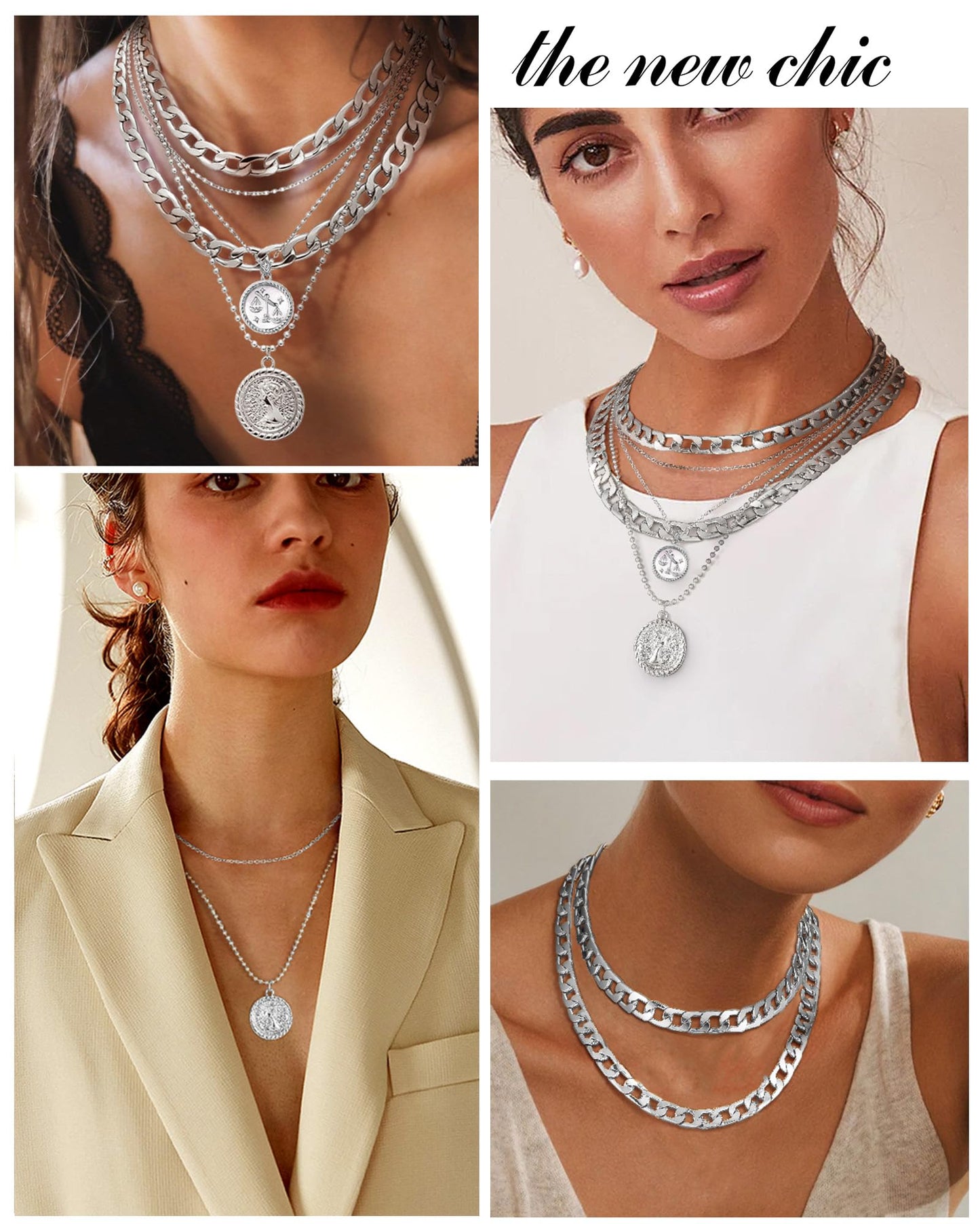 MJartoria Gold Layered Necklaces for Women Trendy Retro Coin Pendant Necklace Dainty Chunky Chain Choker Necklaces for Jewelry Birthday Gifts (Silver, Zodiac-Libra-3PCS Layered)