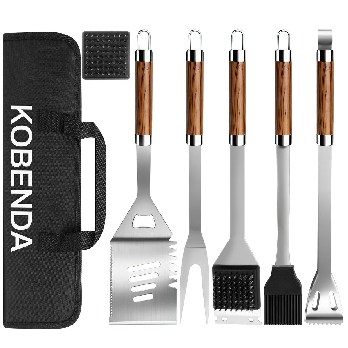 KOBENDA BBQ Grill Accessories, Stainless Steel Grilling Set with Storage Bag, Spatula, Fork, Cleaning Brush BBQ Accessories, Grill Tools Set for Outdoor Cooking Camping, Grilling Gifts for Men