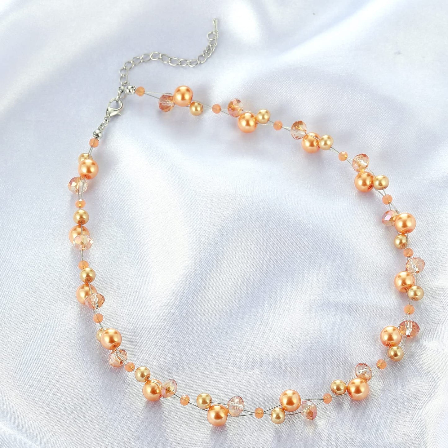 Short Beaded Turquoise Necklace For Women - Fashion Jewelry with Pearl and Crystal Bead, Birthday Gifts For Women (27-Orange)