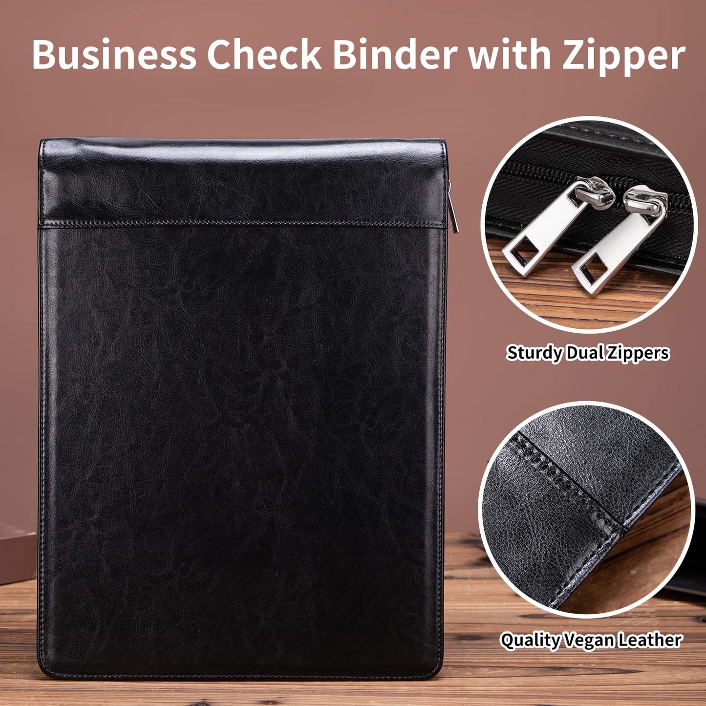 Geslun 7 Ring Check Binder, Vegan Leather Business Checkbook Cover Holder, 3-On-A-Page for 600 Checks (9 x 13”), Desk Commercial Cheque Zippered Folder, Black