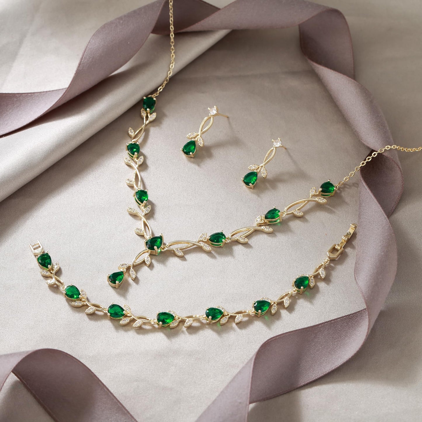 EVER FAITH Wedding Party Jewelry Set for Women, Green Teardrop Cubic Zirconia Gold-Plated-Brass Leaf Costume Prom Necklace Earrings Bracelet Sets Gift for Mother Friend Wife Daughter Sister