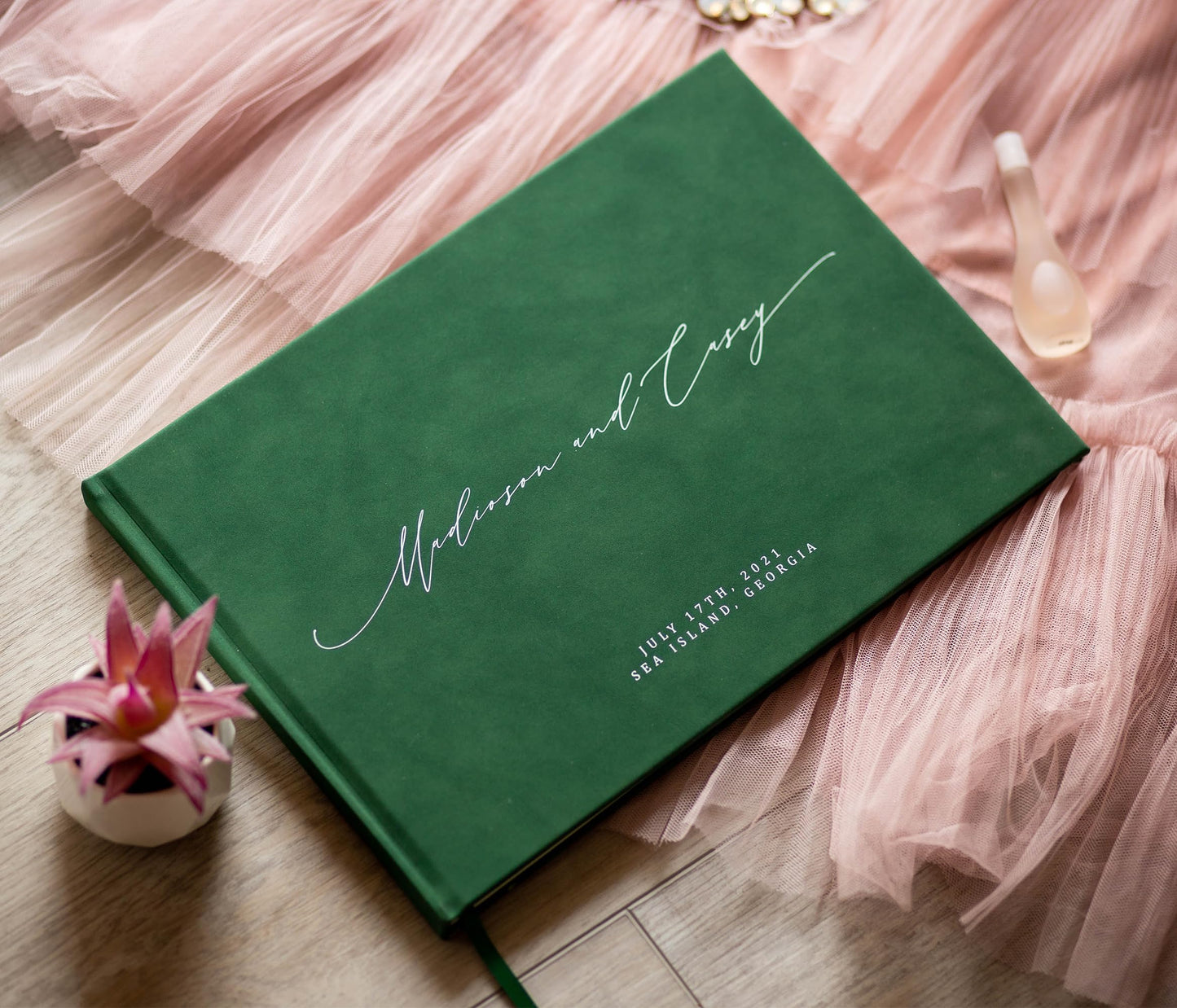 MUUJEE Personalized Guestbook in Emerald - Premium Custom Modern Guest Book for Wedding Reception, Birthday Party or Events w/Bookmark Blank Pages for Signing 11.5 x 8.5 inches