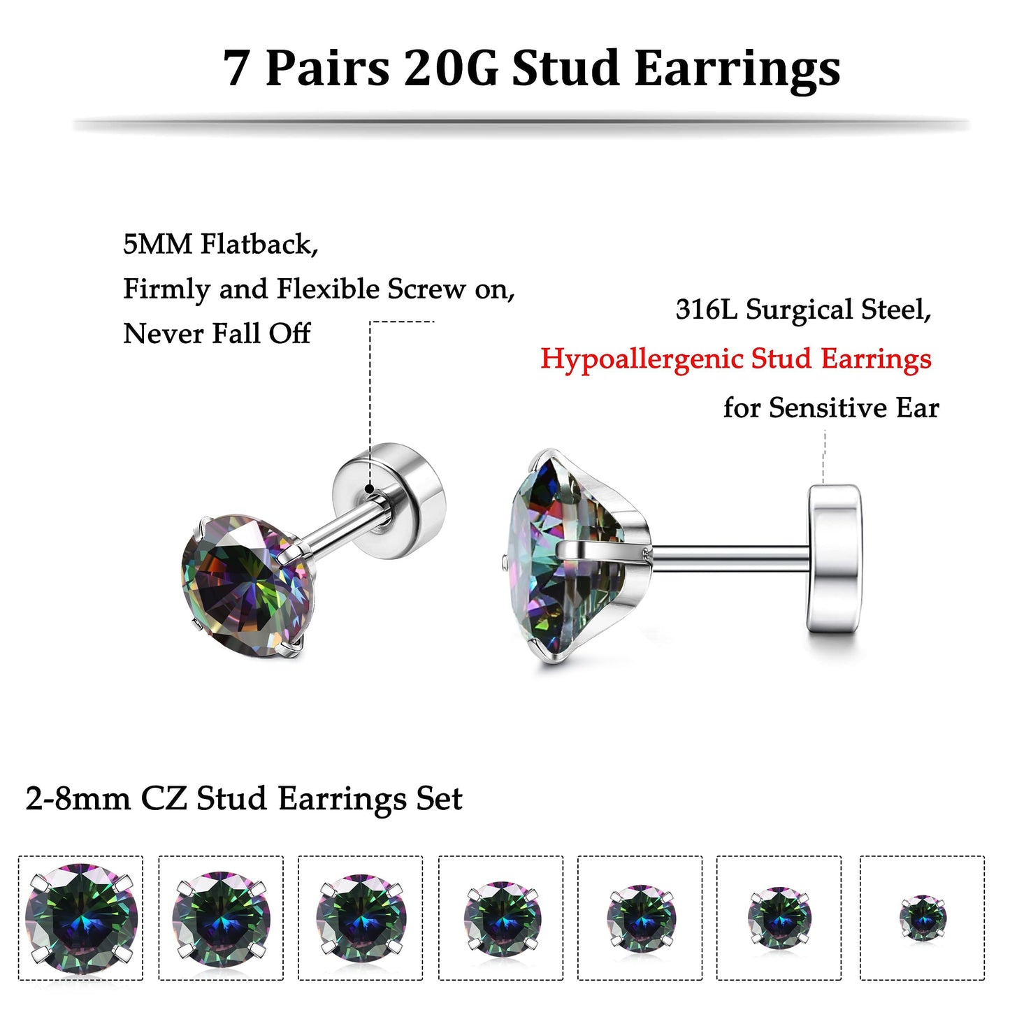 Fansilver 20G Hypoallergenic Flat Back Earrings for Women Men Silver 14K Gold Stainless Steel Stud Earrings Brithstone Cubic Zirconia Studs Surgical Steel Cartilage for Sensitive Ears