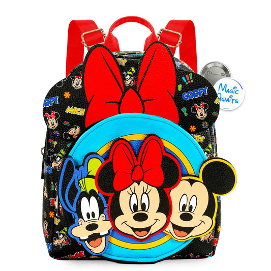 Disney Mini Backpack - 10" Exclusive Mickey, Minnie and Goofy Faux Leather Small Backpack with Front Pocket and Button Bundle | Adjusts to Fit Women, Teens, Girls, Kids