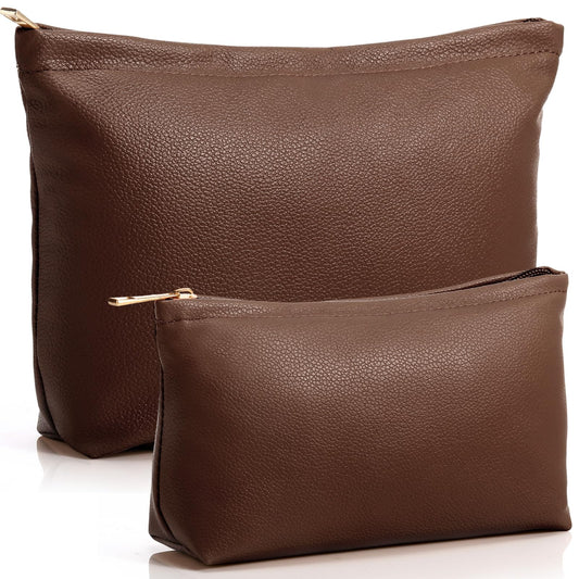 Kigeli 2 Pcs Small Makeup Bag Set for Purse PU Leather Cosmetic Bag Makeup Travel Toiletry Pouch Aesthetic Preppy Organizer Storage Pouch Gift for Teacher Mother Day Women(Coffee Color)