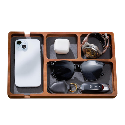 Shinpuru Wooden Valet Tray for Men, Nightstand Organizer with Leather Inlay, EDC Essentials Catchall Tray for Keys, Phone, Wallet, Watch, Earbuds - Bedside Desk Entryway Tray (Wood)