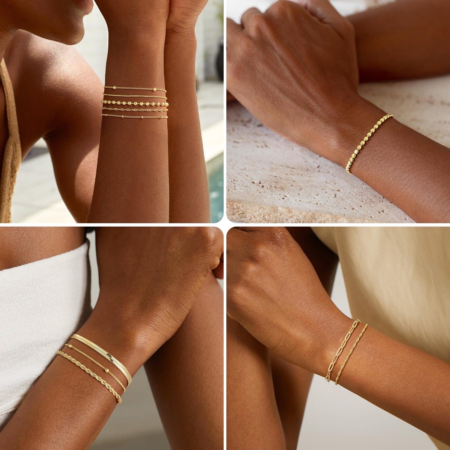 Turandoss Gold Bracelets Stack for Women, Dainty 14K Gold Plated Stackable Bracelet Set Adjustable Satellite Chain Bracelet Waterproof Non Tarnish Jewelry Gifts for Women