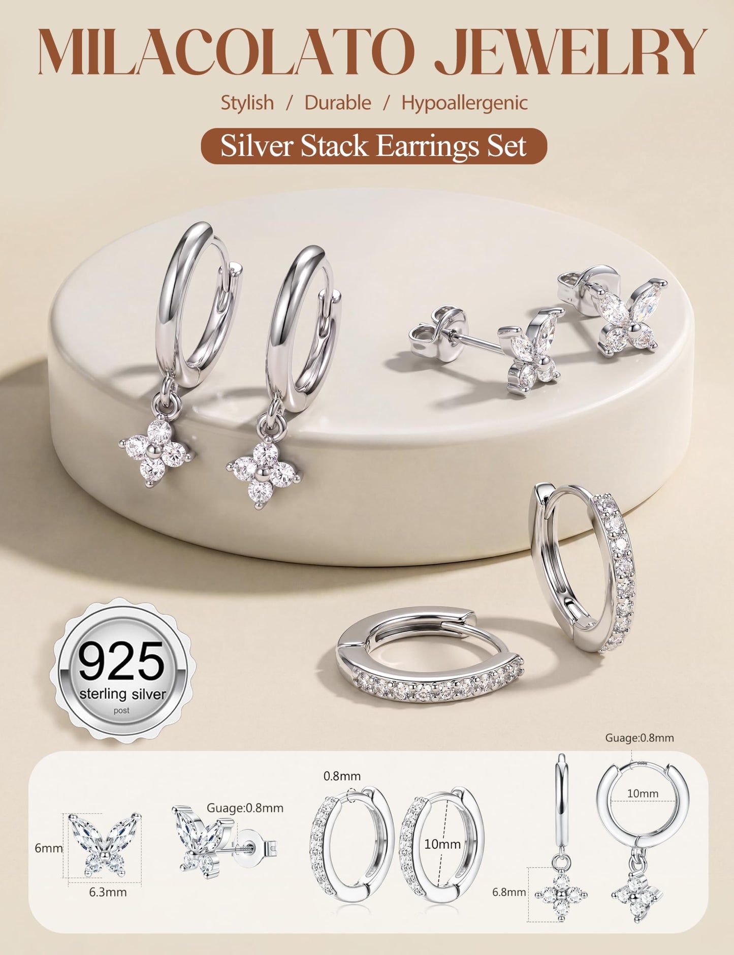 MILACOLATO 925 Sterling Silver Earrings for Women, Sterling Silver Filled Small Stud Huggie Hoop Earrings Sets for Multiple Piercing Hypoallergenic Jewelry, CZ Cartilage Earrings Stacks Trendy Jewelry Gifts, 3 Pairs-Butterfly