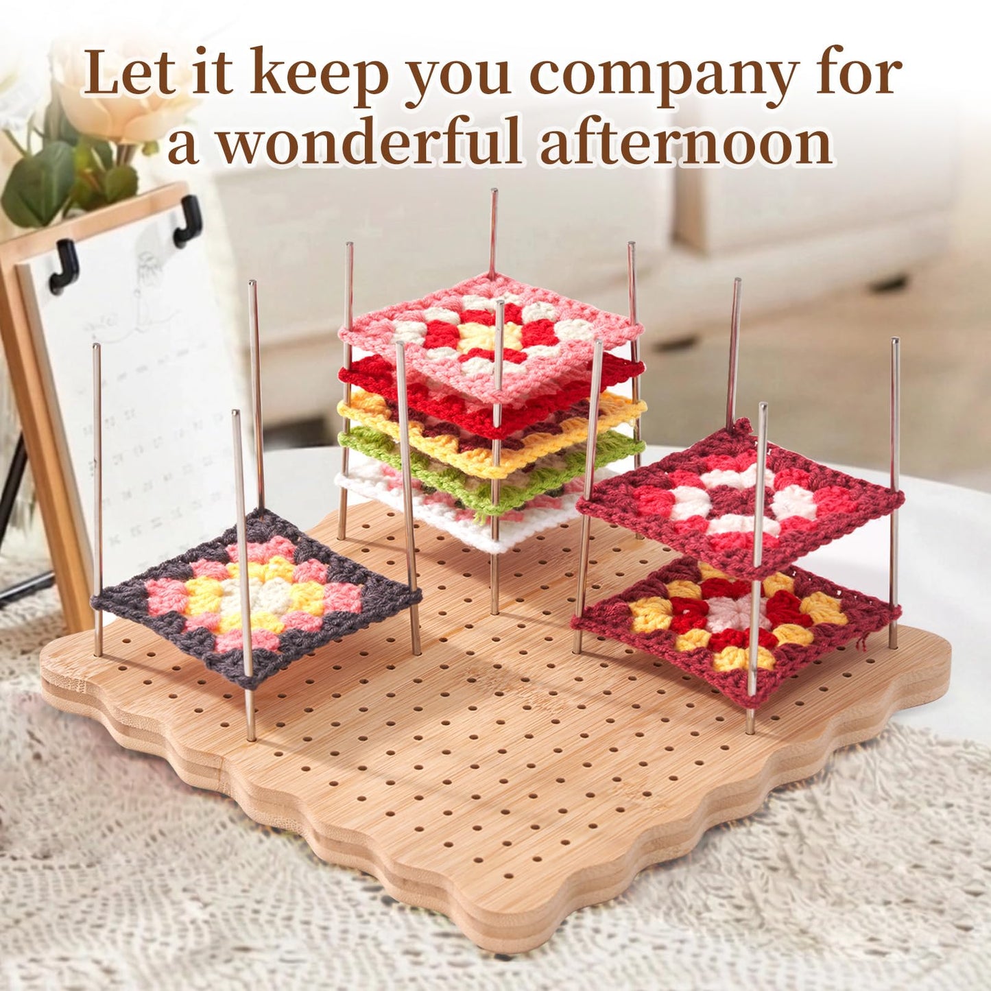 Canhakela Granny Square Blocking Board for Crochet Projects - 9.25" Wooden Crochet Blocking Board with 20 Stainless Steel Steel Pegs - Essential Knitting & Crochet Supplies for Precise Shaping and Blocking Mats Replacement