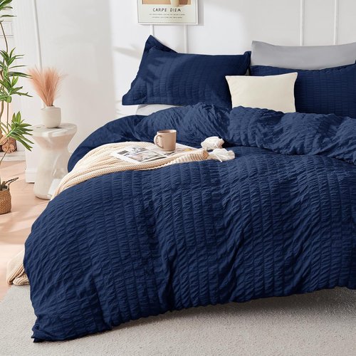HYMOKEGE Twin XL Comforter Set - Navy Blue & Light Grey Seersucker | 5-Piece All-Season Luxury Bedding Set