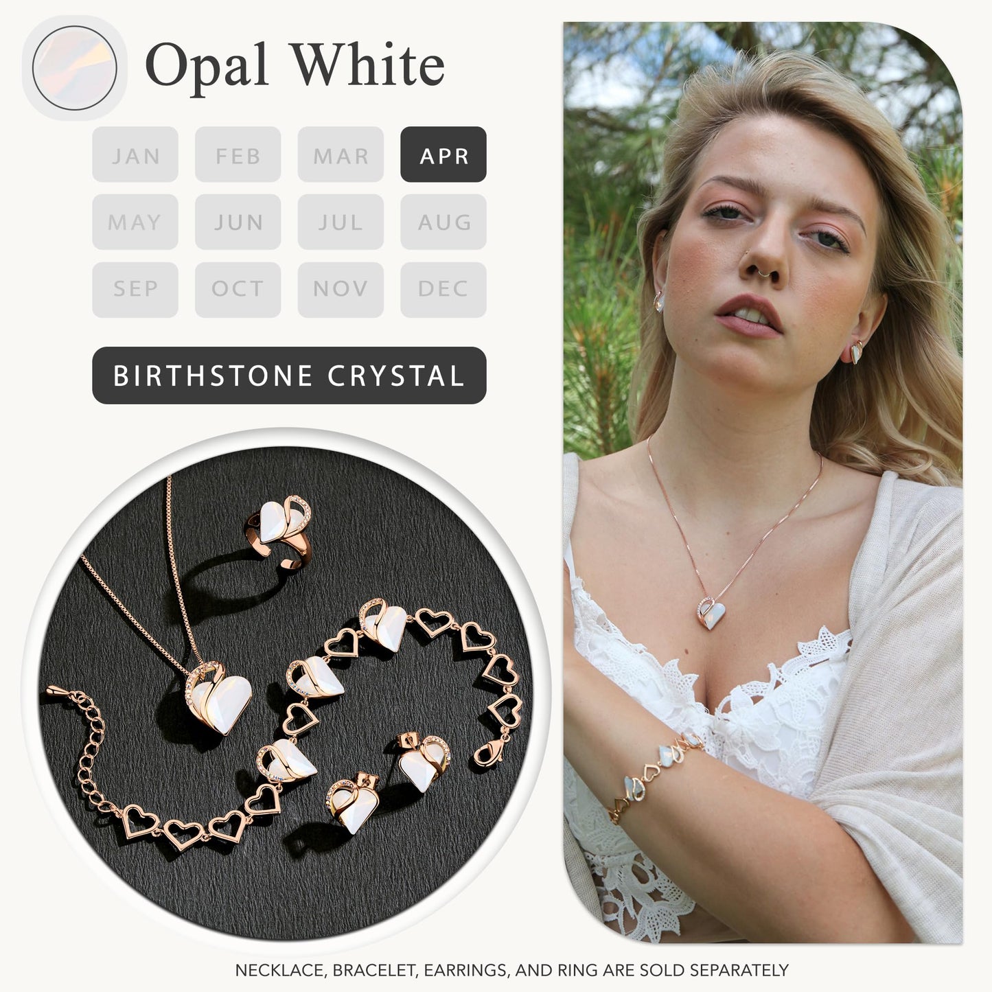 Leafael Gifts for Women Rose Gold Plated Necklaces: Heart Opal White Crystal, April Birthstone, Cubic Zirconia, Hypoallergenic Chain (18"+2"), Birthday Jewelry for Mom and Wife