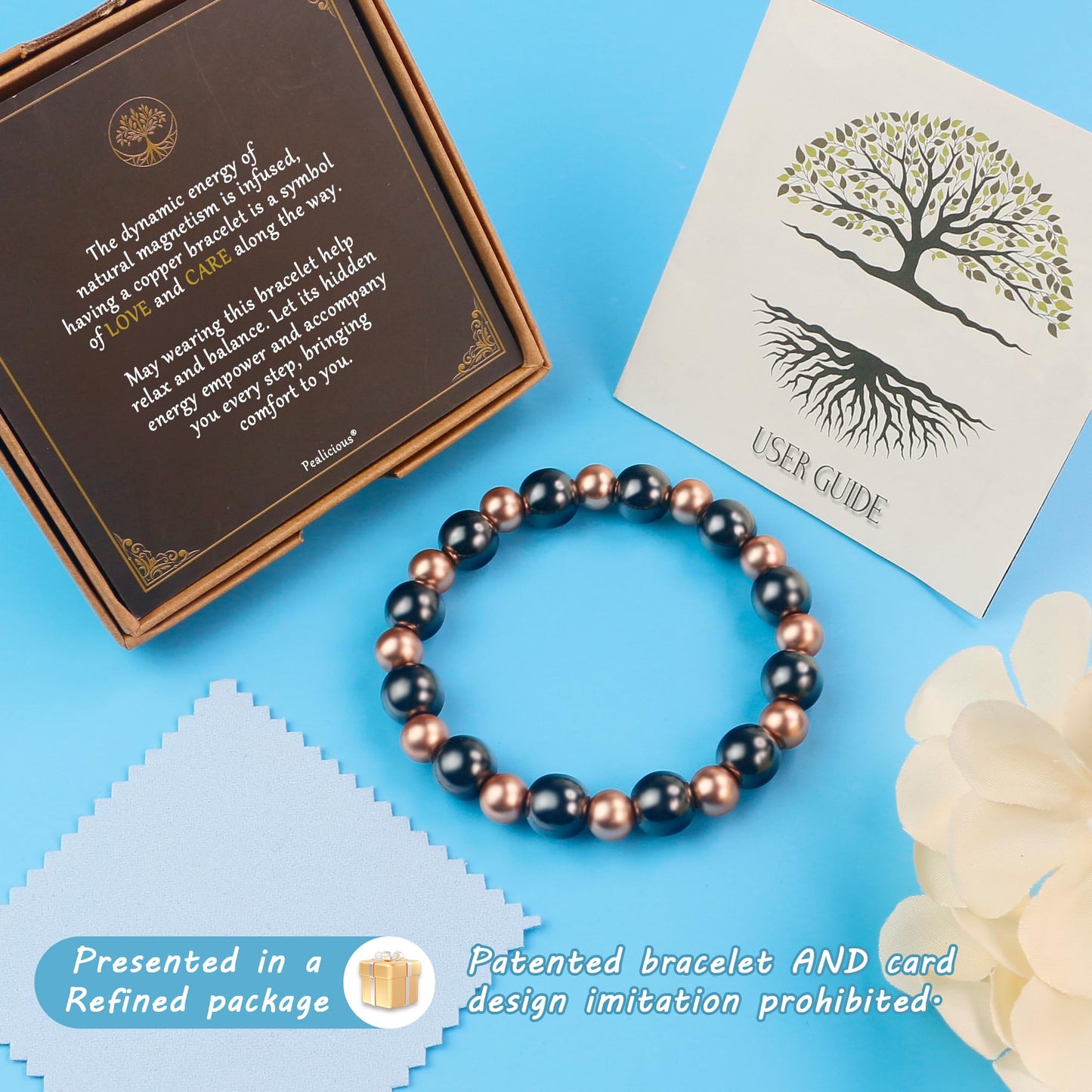 PEALICIOUS Copper Bracelet for Women and Men, 10MM Copper Magnetic Bracelet with 3800 Gauss Magnet Beads as Birthday Gift for Dad, Cooper Hematite Jewelry Pulsera De Cobre Para Mujer for Parents