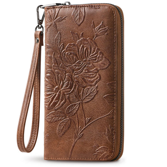 FORUWISH Wallet Women RFID Credit Card Holder Embossed Vegan Leather Large Capacity Brown Wristlet Wallets for Women