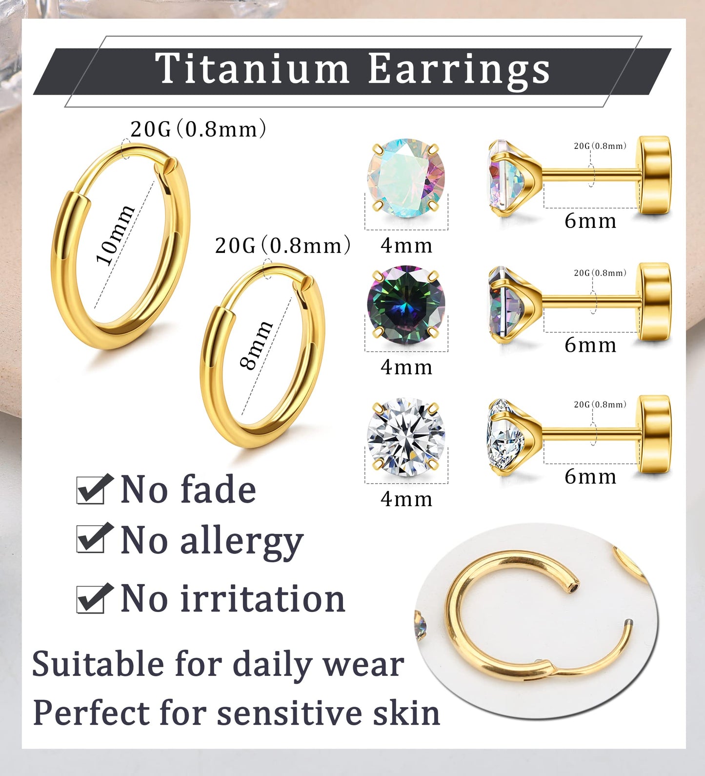 MJust Titanium Earrings for Sensitive Ears 20G Hypoallergenic Stud Hoop Earrings for Women Men Opal Ball CZ Heart Pearl Flat Back Earrings Cartilage Earrings Set