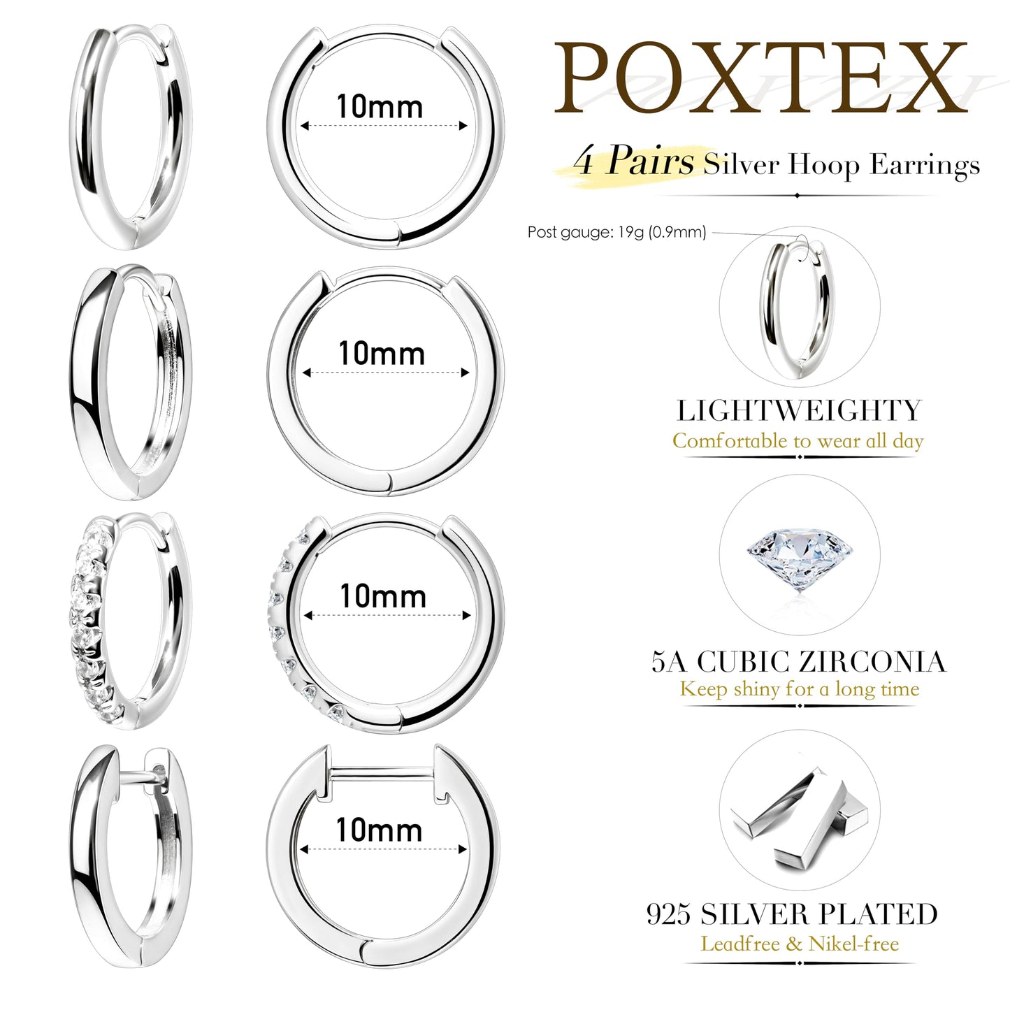10mm Silver Hoop Earrings for Women Men Silver Plated Stack Cartilage 3 hole Earrings for Multiple Double Piercing Lightweight Clip On Jewelry Gifts for Men