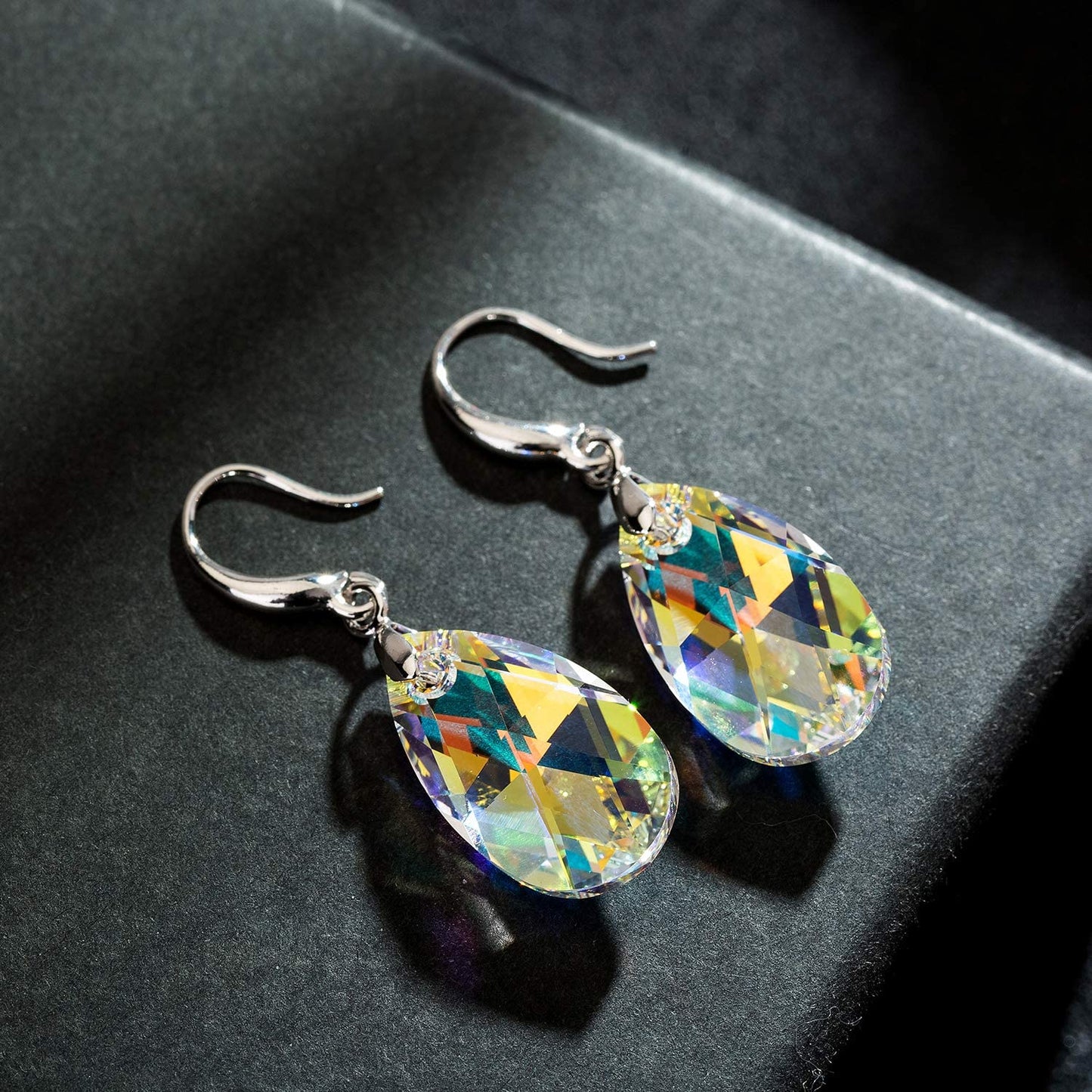 Austrian Crystal Teardrop Dangle Hook Earrings for Women 14K Gold Plated Hypoallergenic Jewelry (Aurora Borealis)