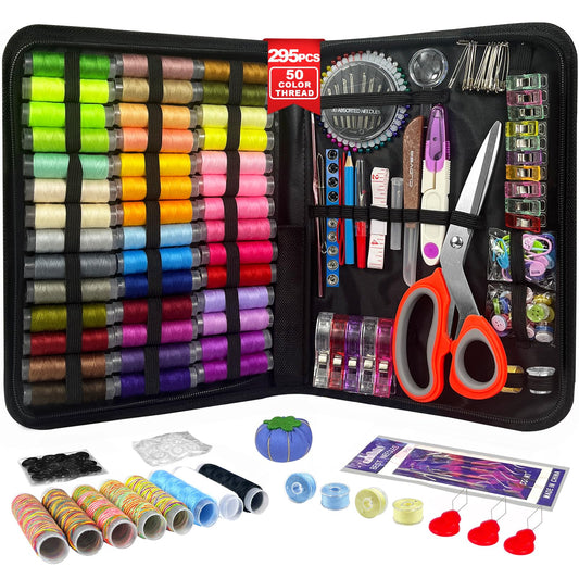 HYHJMISTY Sewing Kit for Adults, 50 Color Sewing Thread Kit, 295PCS Sewing Accessories with Ergonomic Scissors, Portable Professional Mending Essentials for Travel, Home, Beginners