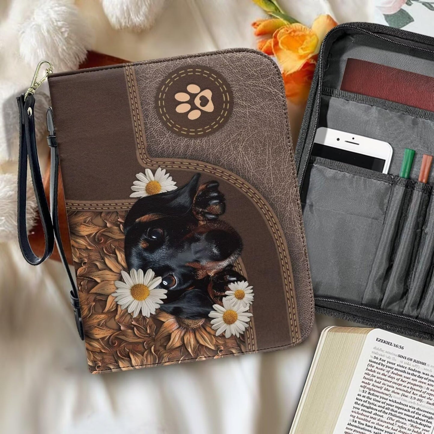 Lotusorchid Cute Dachshund Print Bible Book Cover Daisy Sunflower Print Bible Covers for Women, Study Bible Book Cover Portable Bible Case for Men, Leather Bible Protective Case for Christian Gift