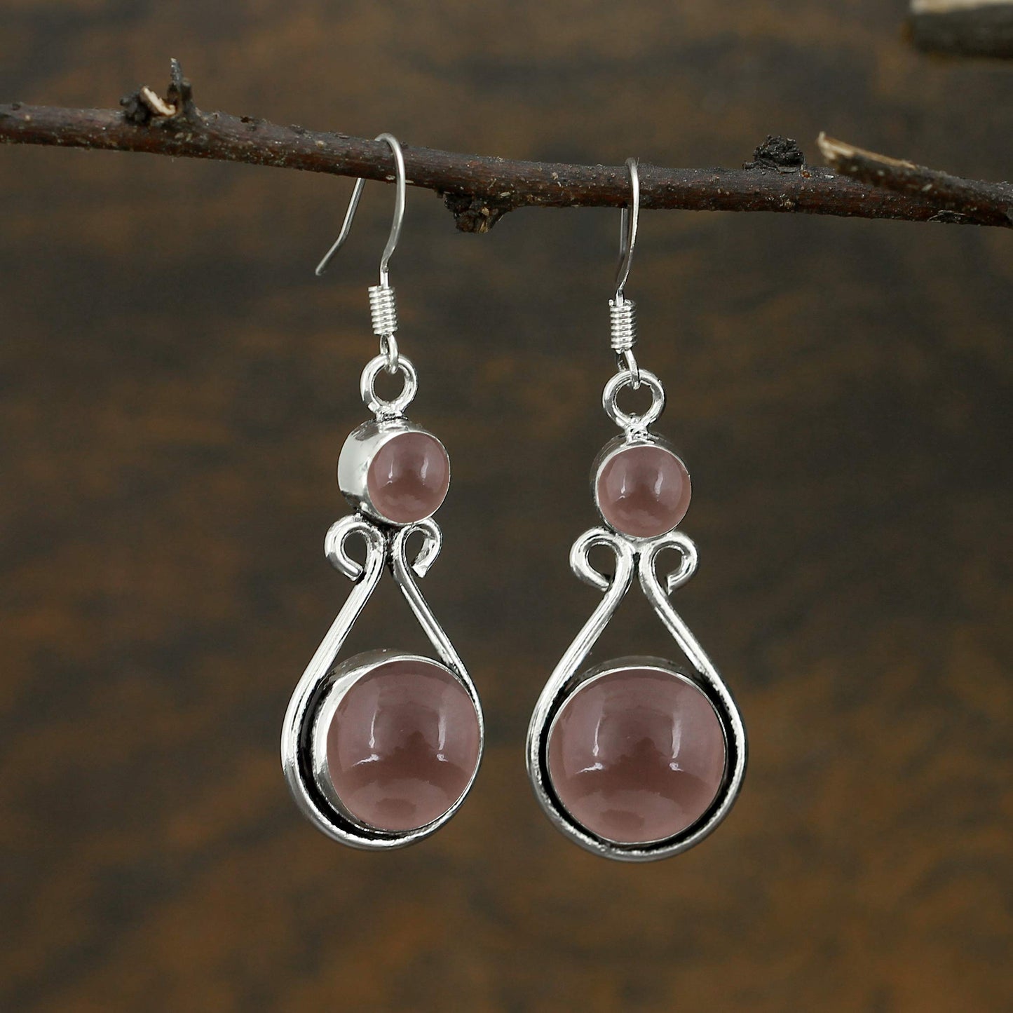 Natural Smoky Quartz Silver Plated Dangle Earrings for Women - November Birthstone Round Gemstones Drop Earrings Handmade Jewelry - Wedding Gift for Her
