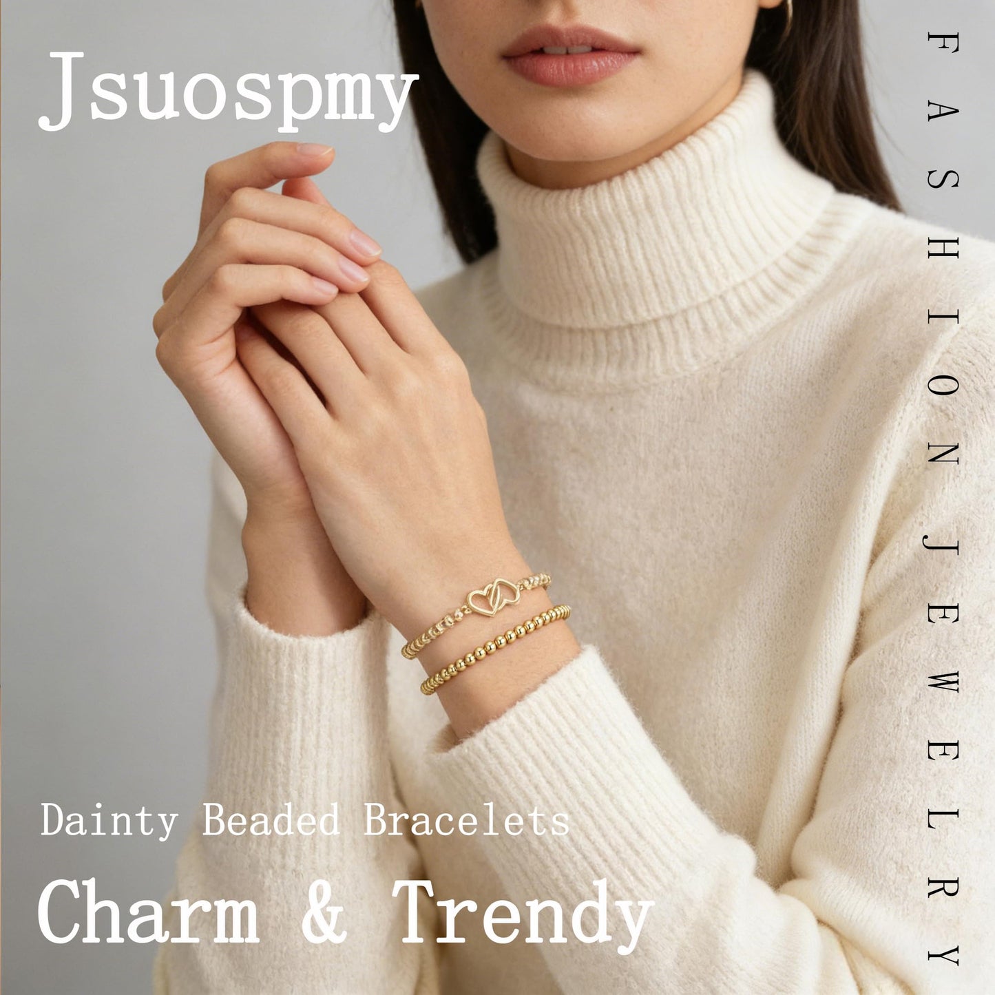 Jsuospmy Gold Beaded Bracelets for Women 14K Gold Double-heart Bracelet Handmade Stackable Bracelets for Women Trendy Non Tarnish Bracelet Jewelry Gift for Womens 2Pcs (03.Double-heart+Beaded (Gold))