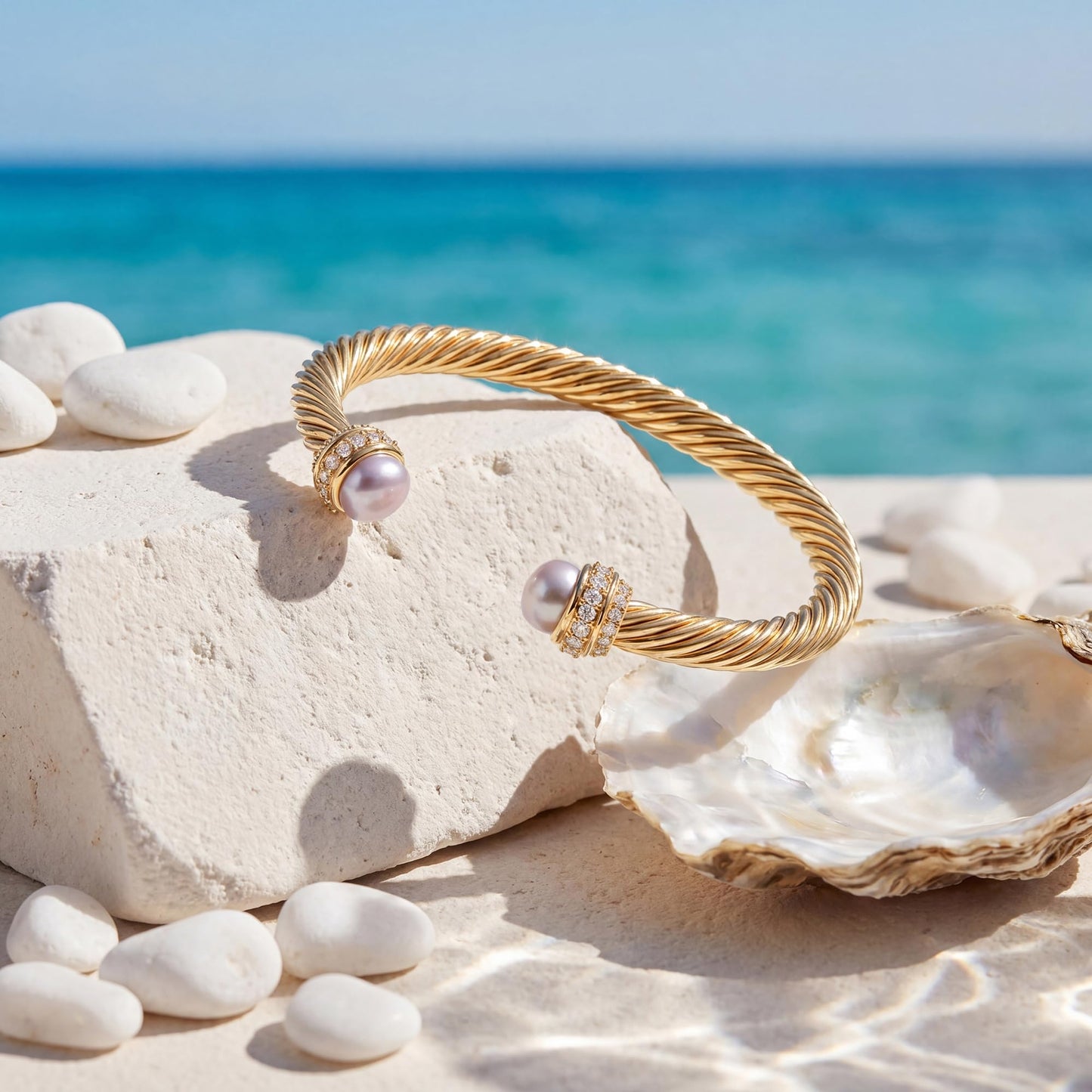 Fettero Gold Cuff Bangle Bracelets for Women - 14K Gold Plated Adjustable Open Cuff Friendship Bracelets Twisted Cable Bangle Bracelet Lightweight Purple Pearl Bracelet for Dainty Jewelry