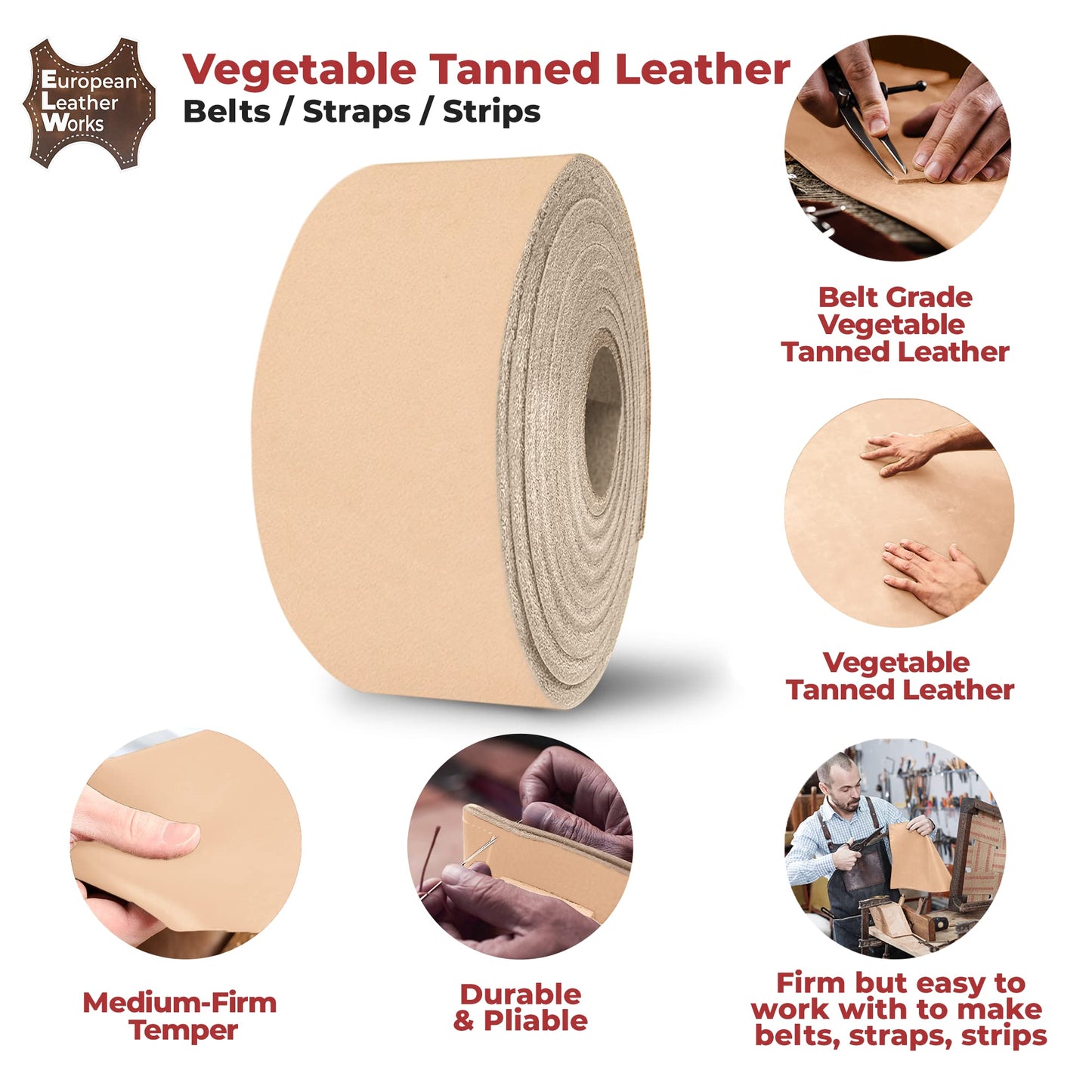 ELW Belt Blanks Strips/Straps 8/9 oz. (3.2-3.6mm) Thickness Size 2-1/2"x50" Full Grain Import Natural Cowhide Vegetable Tanned Leather for Tooling, Engraving, Embossing, Molding, & Dyeing