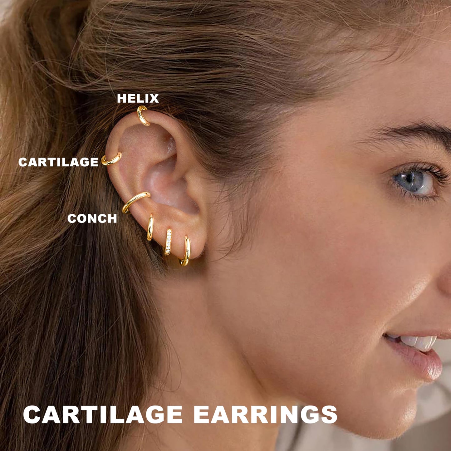 Gold Hoop Earrings for Women Trendy 14K Gold Plated Small Huggie Cartilage Hypoallergenic Earring Stacks for Sensitive Ears Helix Conch Tragus Hoop Earring Sets for Multiple Piercing Jewelry Gifts Clip On