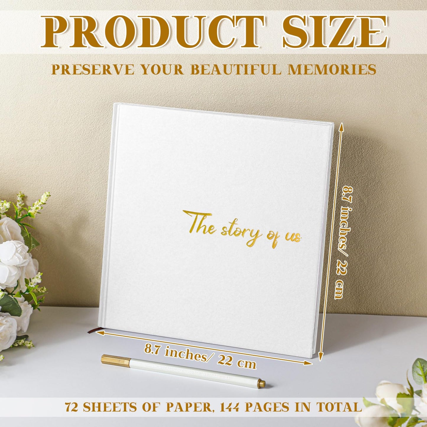 Colarr Hardcover Couples Scrapbook 144 Pages 8.7 x 8.7" Wedding Couples Photo Album Scrapbook Journal for 1 Year Wedding Memory Anniversary Photo Book Gift with 2 Markers(White)