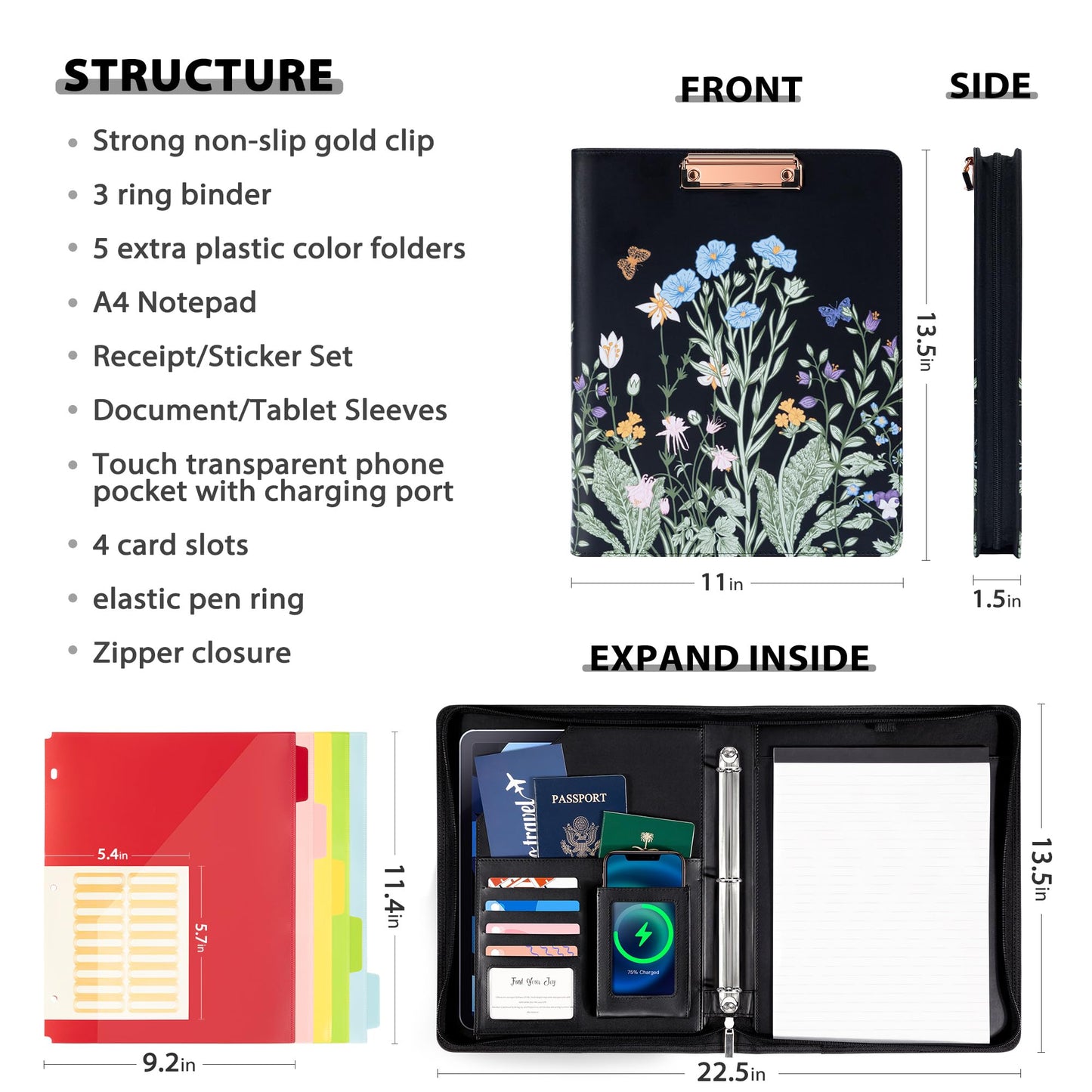 Ospelelf Leather Clipboard with Storage, Zippered Padfolio Portfolio Organizer, 3 Ring Binder 1 Inch, Notepad, Tablet Sleeve, 5 Dividers with Pocket for Office,Students, Teachers Night Flowers