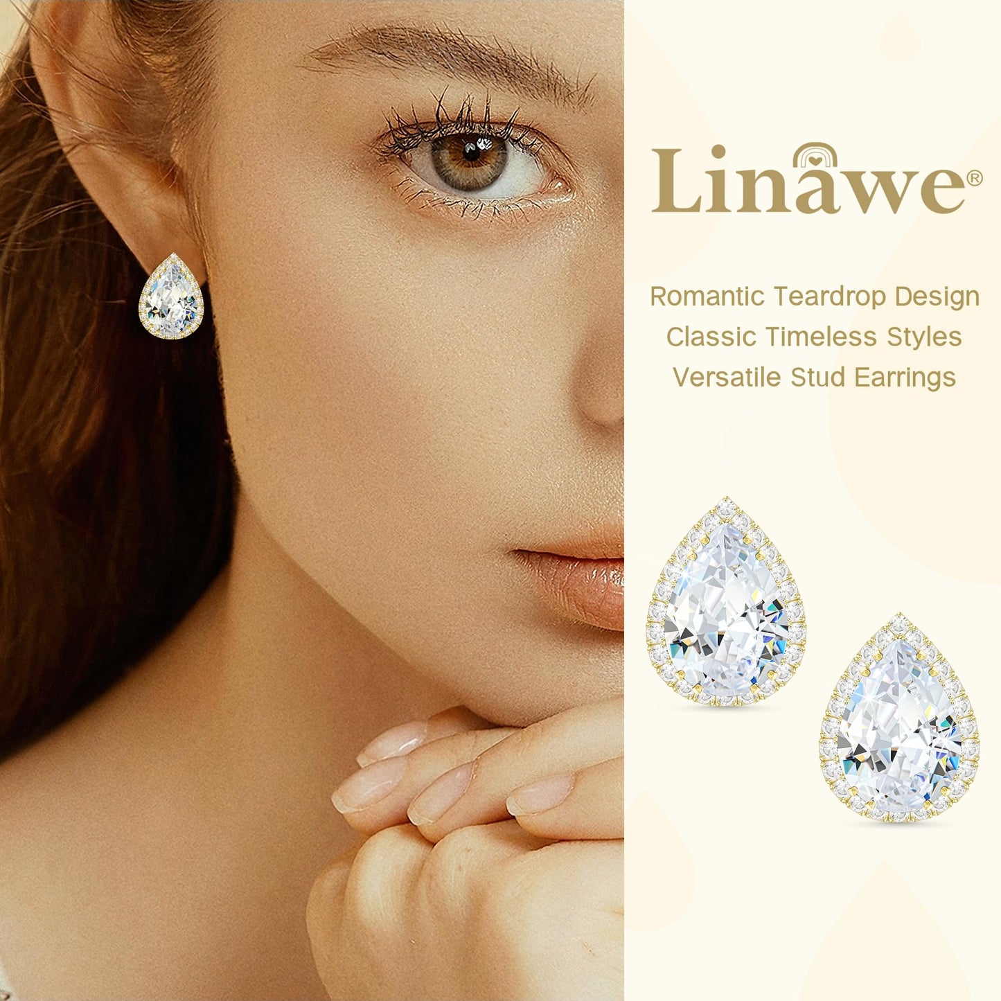 Linawe Gold Stud Earrings Imitation Diamond Moissanite Wedding Earrings Set, Cubic Zirconia Earrings Studs for Women, Teardrop Rhinestone Crystal Cartilage Earring Piercing Jewelry