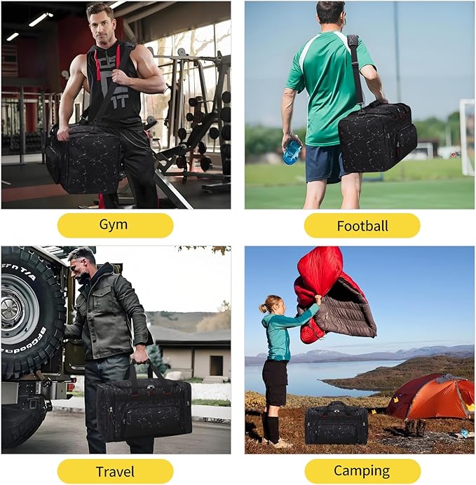 22 inch Gym Bag for Men - 55L Large Travel Duffle Bag Sports Equipment Bag with Multiple Zippered Pockets,Outdoor Workout Duffle Bag for Overnight Weekend - Marble Black