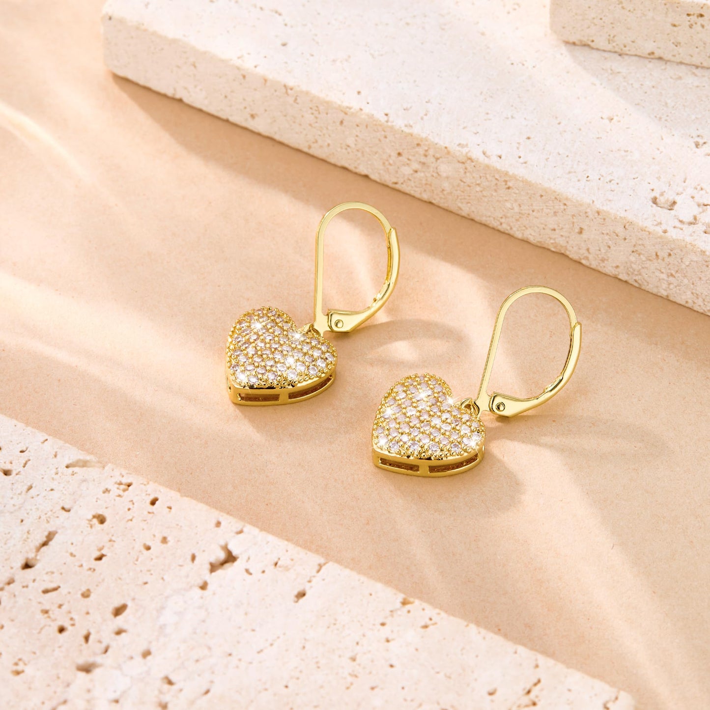 Gold Heart Earrings, ALEXCRAFT 14K Goldplated Heart Dangle Leverback Earrings for Women Trendy Hypoallergenic Sterling Silver Leverback Earings Gold Cubic Zirconia Dangling Drop Earrings for Women