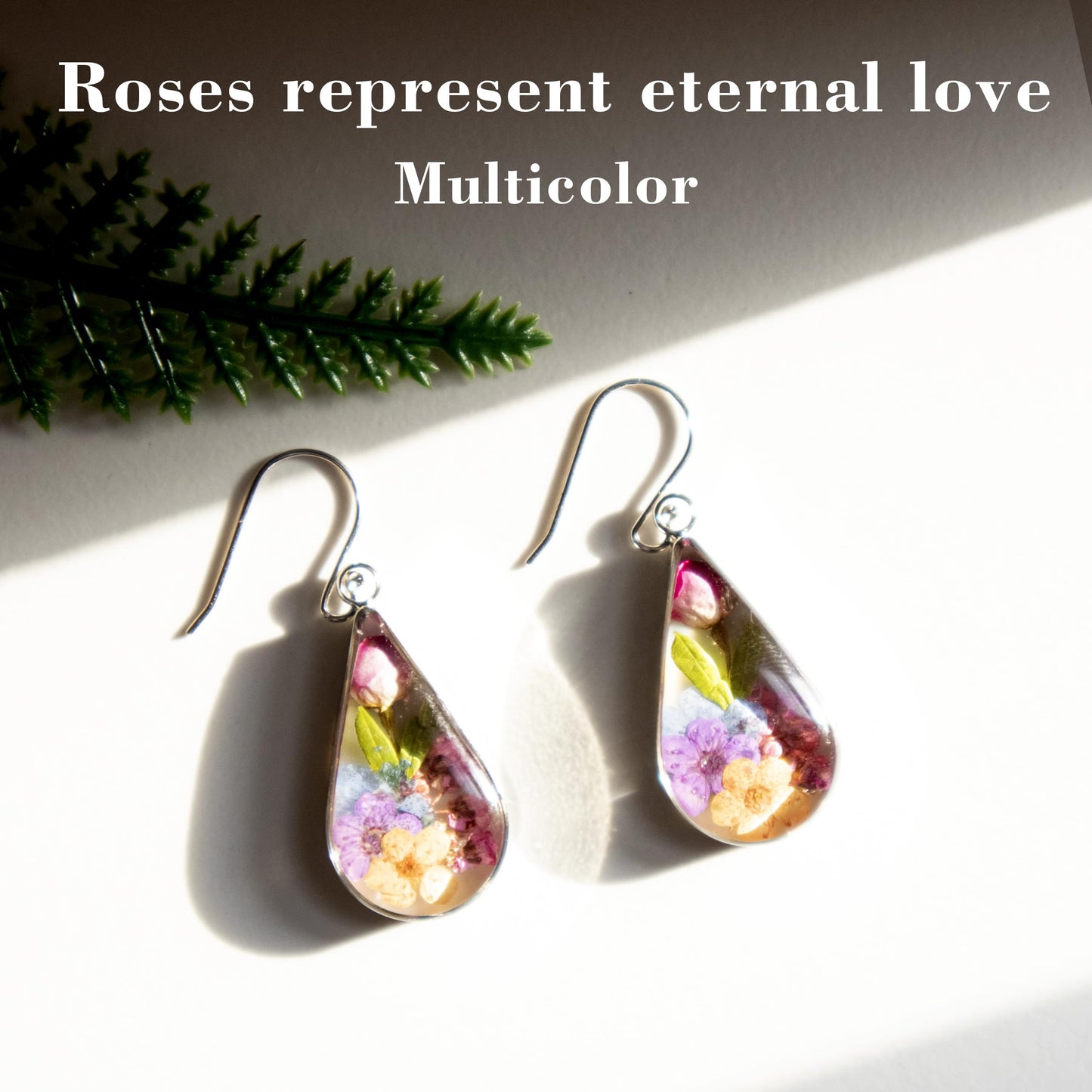 925 Sterling Silver Pressed Flower Teardrop Earrings,Hypoallergenic Women's Jewelry Gift for Mom,Handmade natural dried flower teardrop earrings Jewelry Gift (Silver Rose)